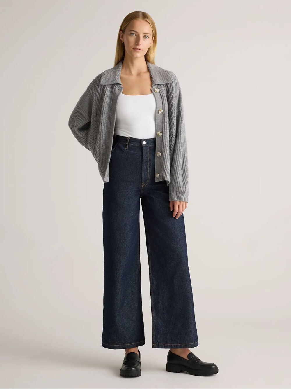 Quince Australian Merino Wool Collared Cable Cardigan Heather Grey XS